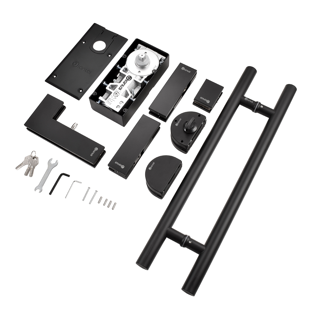 Idées de conception de quincaillerie de porte en verre minimaliste moderne | Système assorti complet : ressort de sol + raccord de patch + serrure de porte en verre + poignée de traction